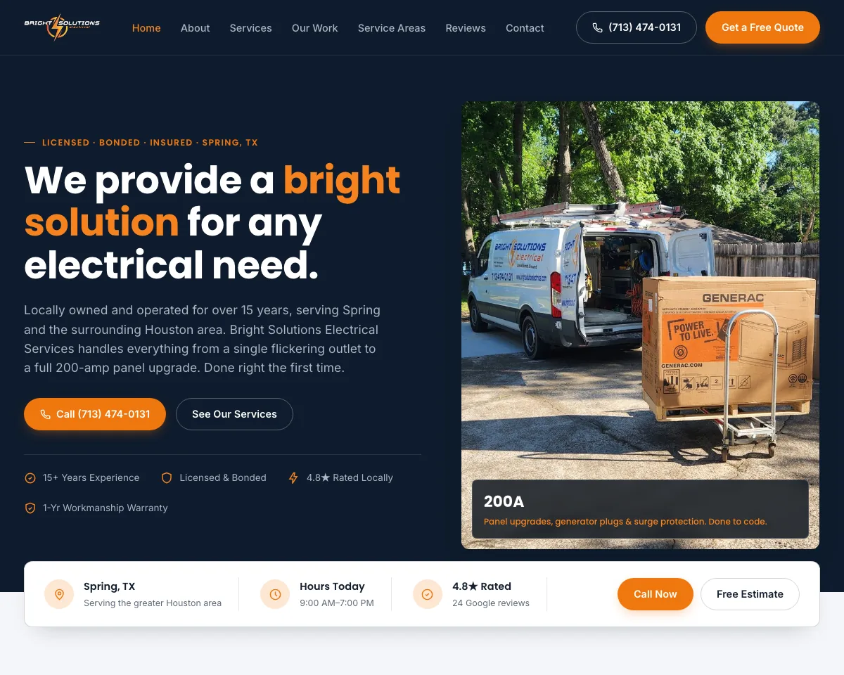 Homepage of Bright Solutions Electrical, a Spring, TX electrician, designed and built by Handled