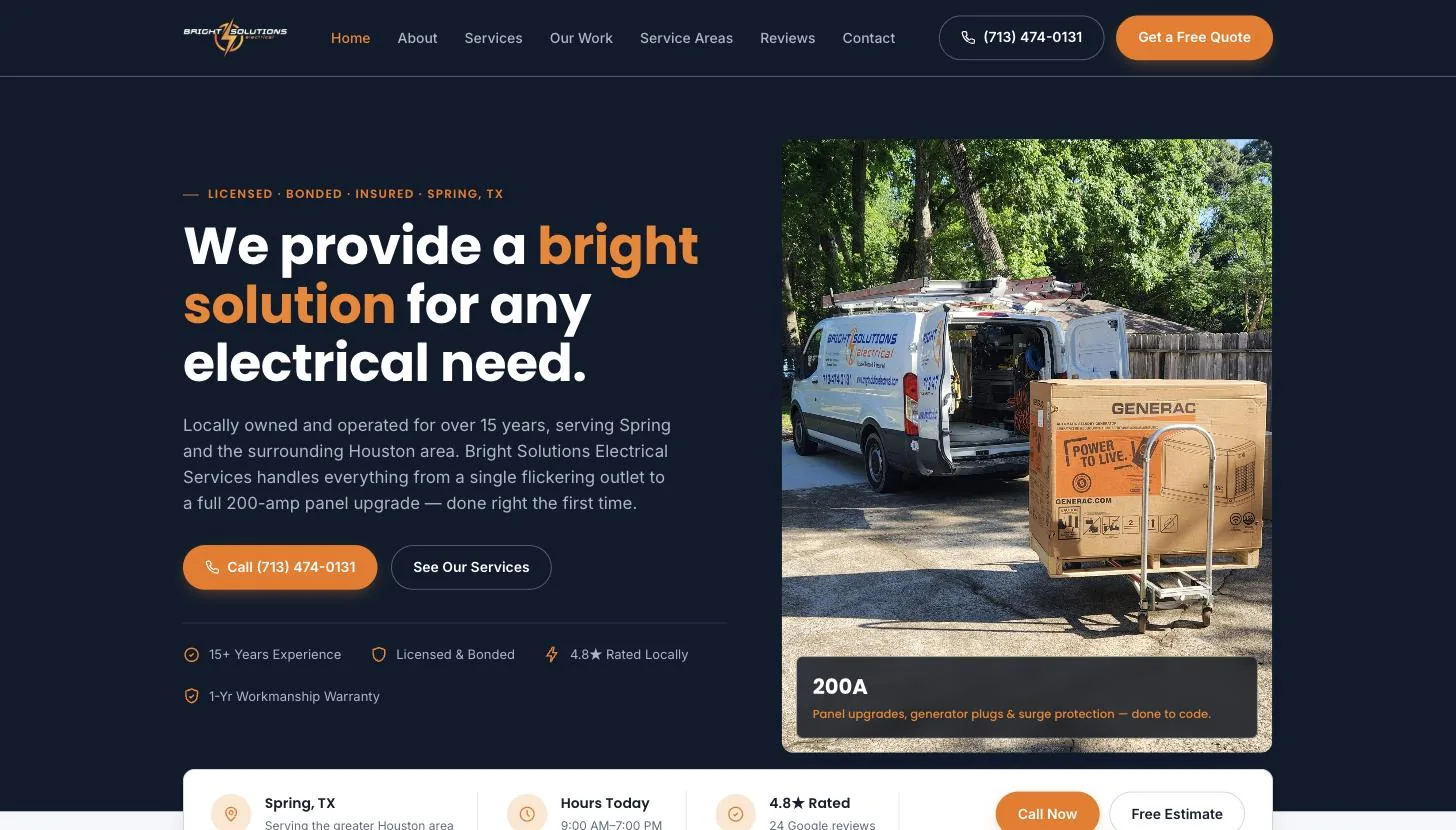 Screenshot of the Bright Solutions Electrical Services website built by Handled
