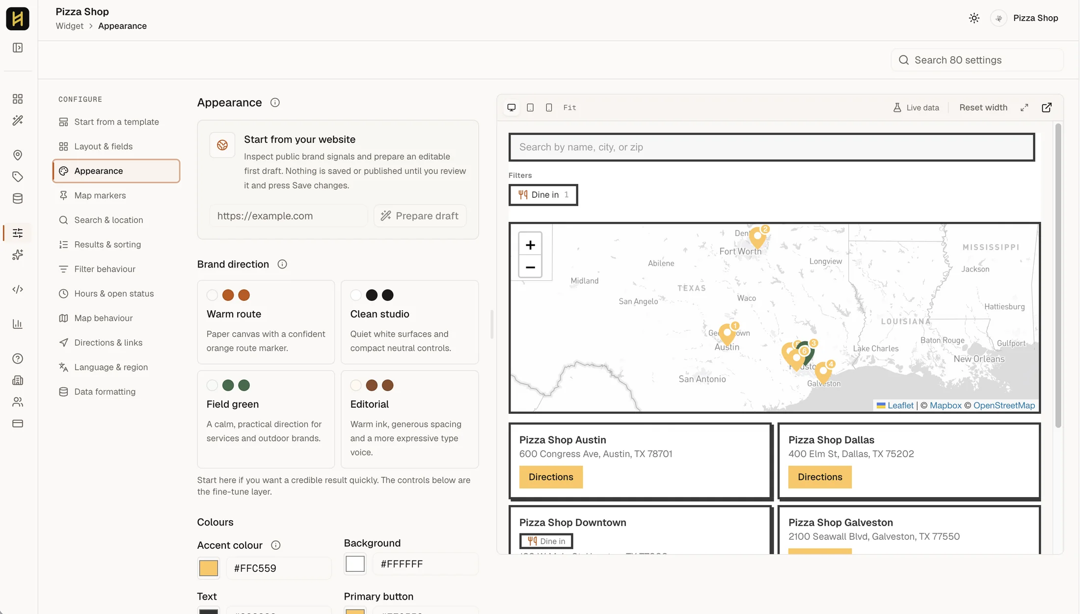 The Handled Locator dashboard: the Appearance settings panel with brand direction presets and colour controls, beside a live preview of the configured locator